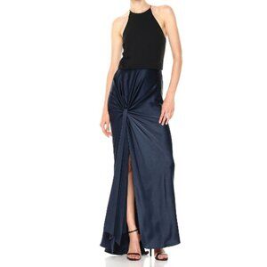 HALSTON HERITAGE
Sleeveless High-Neck Mixed-Media Twist-Drape Evening Gown